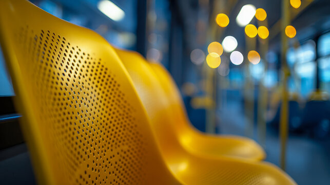 Close-up of bright yellow perforated seats inside an empty modern city bus with blurred interior lights creating warm bokeh effects in the background