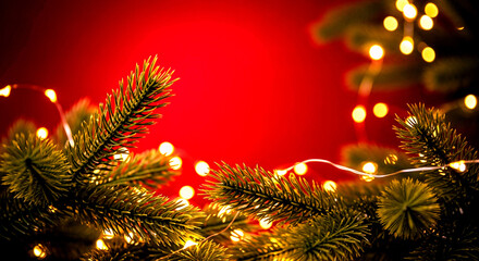 Festive Christmas background with fir tree branches and glowing holiday lights against a vibrant red backdrop.