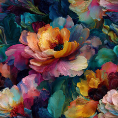 A mesmerizing digital painting featuring textured floral blooms in Vibrant Pink, Golden Orange, and Deep Teal hues, perfect for creative projects and graphic design enhancements using adobe photoshop 