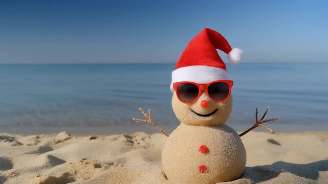Sandman snowman in Santa hat on tropical beach