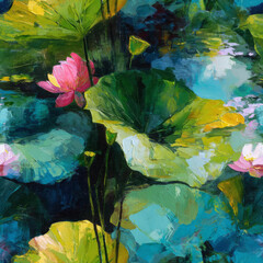 Vibrant oil painting of blooming lotus flowers and lush lily pads in Emerald Green, Hot Pink, and Aqua Blue, perfect for artistic projects or enhancing digital designs in adobe photoshop.
