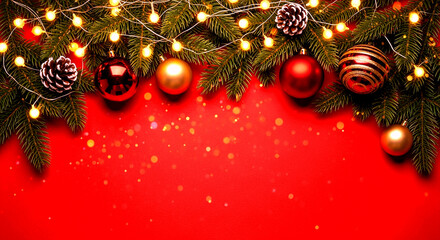 Festive Christmas background with fir branches, glowing lights, and ornaments on a red backdrop.
