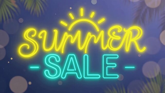 Summer Sale neon text in bright yellow script and turquoise block font with a simple glowing sun icon above, set on a dark blue tropical background, soft bokeh and floating particles, relaxed promo