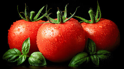 Fresh ripe red tomatoes covered with water droplets surrounded by vibrant green basil leaves on black background for a healthy food concept