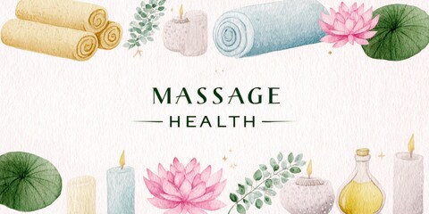 spa promotion postcard, sophisticated postcard for massage studio promotion, with watercolor elements like towels, candles, lotus flowers, and oils in soft pastels, massage amp health in a