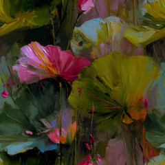 Vibrant Lotus Bloom Painted with Textured Brushstrokes in Fuchsia Pink, Olive Green, and Deep Teal, Ideal for Creative Adobe Photoshop Backgrounds and Digital Art Projects