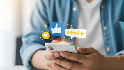 Person using smartphone with social media icons floating above for engagement and feedback