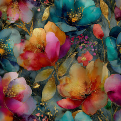Opulent watercolor floral pattern in Teal Dream, Fuchsia Fantasy, and Golden Glow, meticulously crafted for adobe photoshop designs and creative projects.