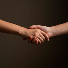 Close-up of a man and woman shaking hands with a wedding ring visible, symbolizing marriage, commitment, support, and mutual help. A low-key setting adds intimacy