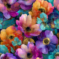 Vibrant Magenta, Deep Teal, and Golden Orange watercolor flowers, meticulously rendered with digital artistry in adobe photoshop, form a stunning seamless pattern for luxury brand aesthetics and conte