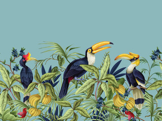 Tropic birds vector border with exotic hornbills tropical foliage botanical jungle decorative design illustration