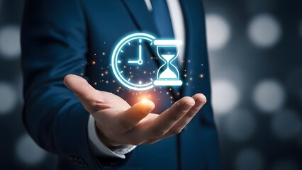 Businessman holding holographic clock and hourglass symbolizing time management and deadlines