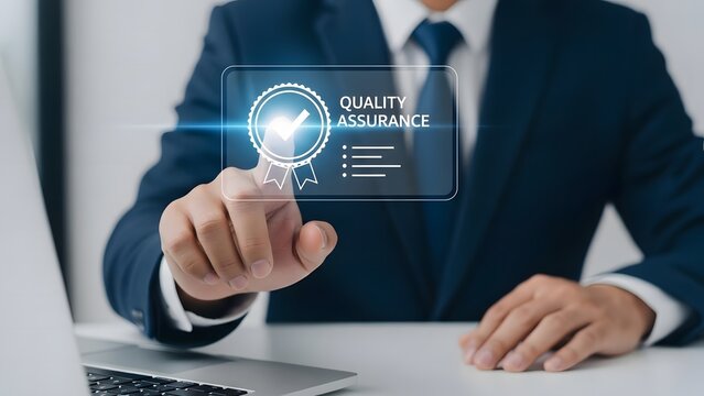 Businessman interacting with quality assurance interface on transparent screen in office setting