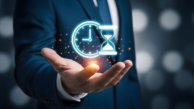 Businessman holding holographic clock and hourglass symbolizing time management and deadlines