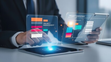 Businessman analyzing financial data with futuristic holographic interface on tablet