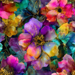 A visually stunning alcohol ink floral pattern, bursting with Radiant Magenta, Deep Teal, and Golden Yellow hues, perfect for artistic projects and digital backgrounds in adobe photoshop.