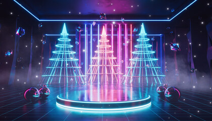 Elegant neon Christmas trees glowing vibrantly in a modern display, perfect for a festive celebration or futuristic holiday design, radiating holiday cheer