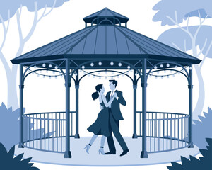 A couple dances romantically under a gazebo decorated with string lights during twilight.