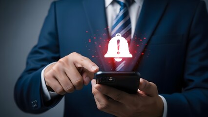 Businessman receives a digital notification on his smartphone alert concept
