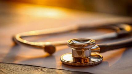 Classic medical stethoscope resting on a wooden surface with warm golden sunlight highlighting its metallic details for healthcare concept imagery