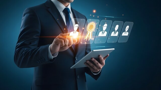 Businessman using digital tablet with virtual human resource management interface on screen