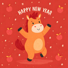 Festive orange horse celebrating New Year with apples on red background