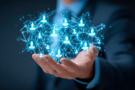 Digital network of interconnected human icons representing social connectivity