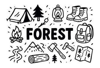 Fototapeta premium Forest doodle illustration — trees, mountains, and other camping and hiking elements — stock vector.
