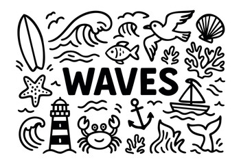 Waves doodle illustration &mdash; ocean, sea, and other nautical and beach elements &mdash; stock vector.