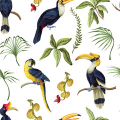 Tropic jungle birds vector seamless pattern with exotic parrots toucans leaves and branches