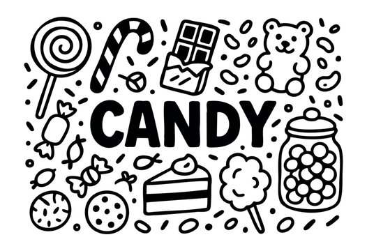 Candy doodle illustration — lollipop, chocolate, and other sweets and dessert items — stock vector.
