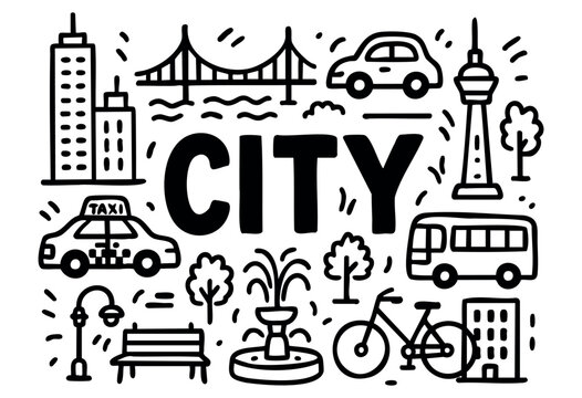 City life doodle illustration &mdash; buildings, transport, and other urban and landmark elements &mdash; stock vector.