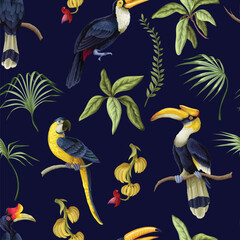 Tropic jungle birds vector seamless pattern with exotic parrots toucans leaves and branches