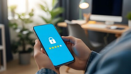 Man holding smartphone with padlock symbol security and data protection concept