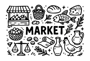 Market doodle illustration &mdash; fresh produce, food stalls, and other local farmers market items &mdash; stock vector.