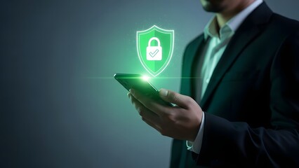 Businessman using phone with digital shield and padlock for cybersecurity protection