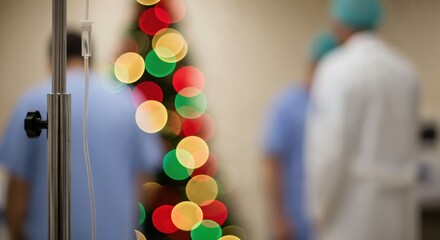 Medical staff on duty during the holiday season, with an IV pole in the foreground and blurred festive Christmas tree lights in a hospital setting.