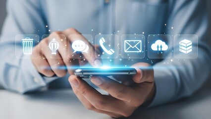 Person using a smartphone with digital icons for communication and information access