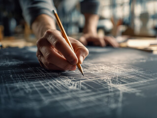 Architect's hand holding pencil drawing detailed building blueprint plans on dark table for construction project design and planning concept