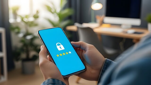 Man holding smartphone with padlock symbol security and data protection concept