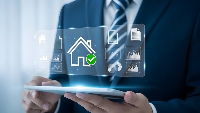 Real estate investment businessman holding tablet with house icon and financial data