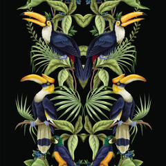 Tropic jungle birds vector seamless pattern with exotic parrots toucans leaves and branches
