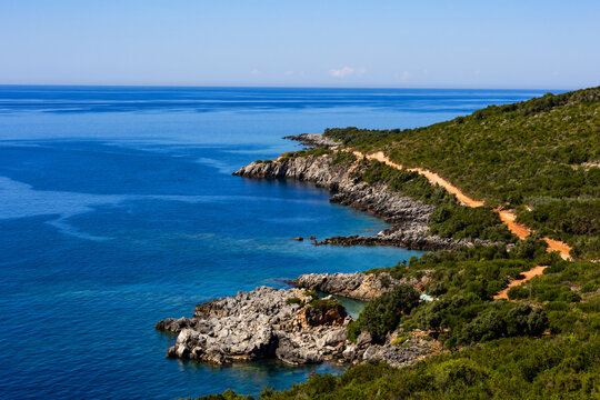 Aquarium and Guma Beaches near Himare, Albania. Sunny Albanian Riviera seascape, turquoise water, scenic coast, summer vacation concept
