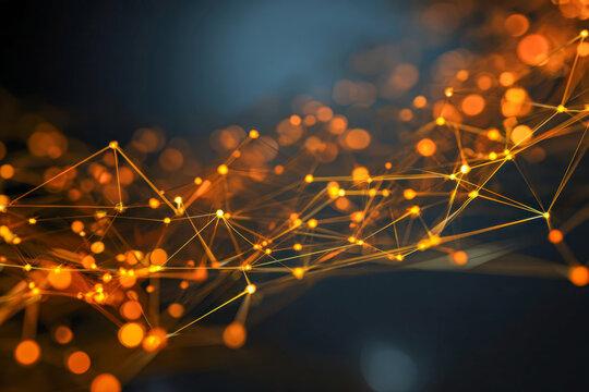 Abstract digital network visualization with glowing orange nodes and connecting lines representing data flow and modern technology concepts on dark background