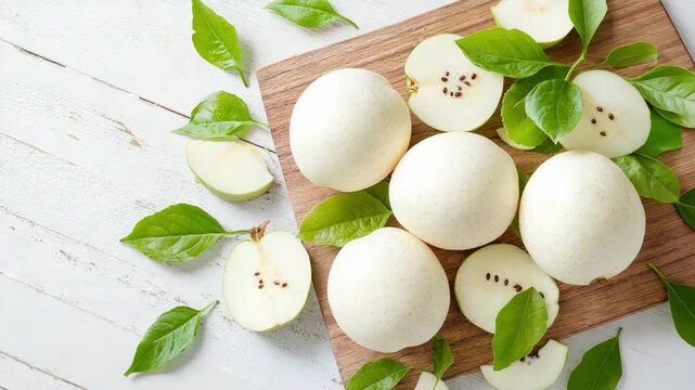 Asian Pear Arrangement: A vibrant assortment of succulent Asian pears and verdant green leaves arranged artfully on a wooden board, an ode to freshness and flavor.