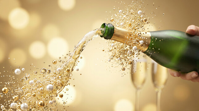 A luxurious green champagne bottle pouring a splash of golden bubbles and sparkling particles to create a festive celebration background for New Year or holiday parties.