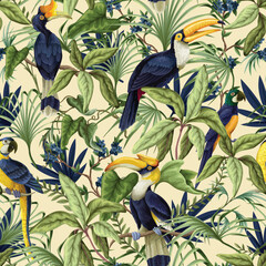 Tropic jungle birds vector seamless pattern with exotic parrots toucans leaves and branches