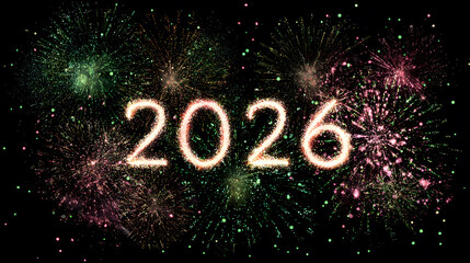 Colorful fireworks display celebrating the New Year 2026 with bright lights in the night sky