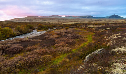 Colorful stormy sunset over autumn shrubs in Rondane National Park Norway