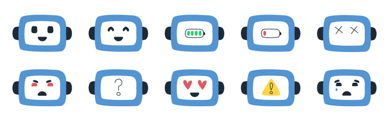 Robot emoji set. Cartoon robot faces. Vector

